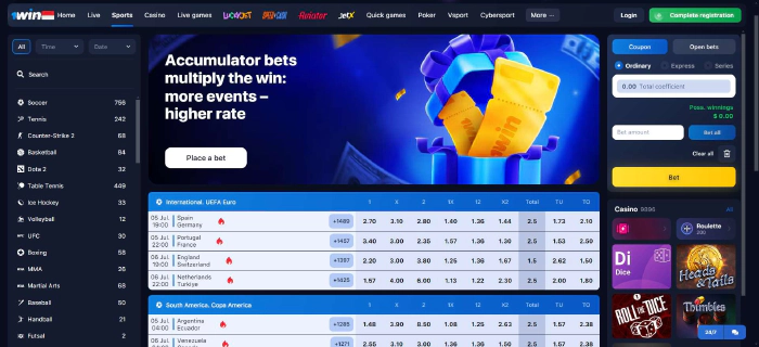1win sports betting markets including esports and football odds